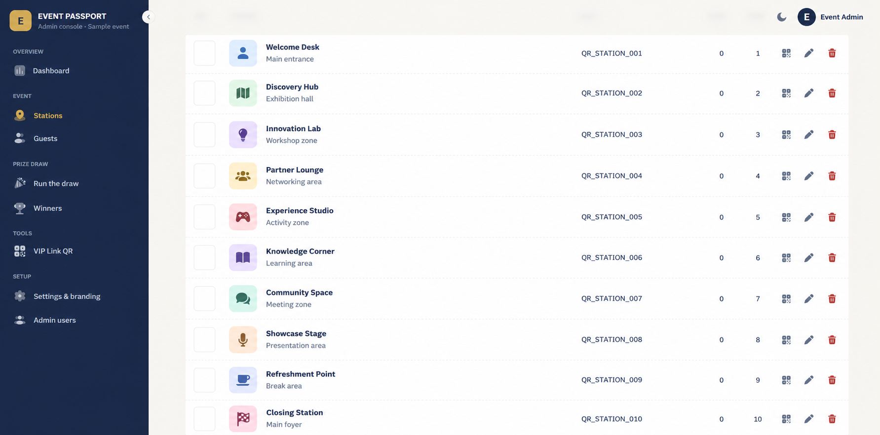 Event Passport sample admin portal with generic stations including Welcome Desk, Discovery Hub and Innovation Lab
