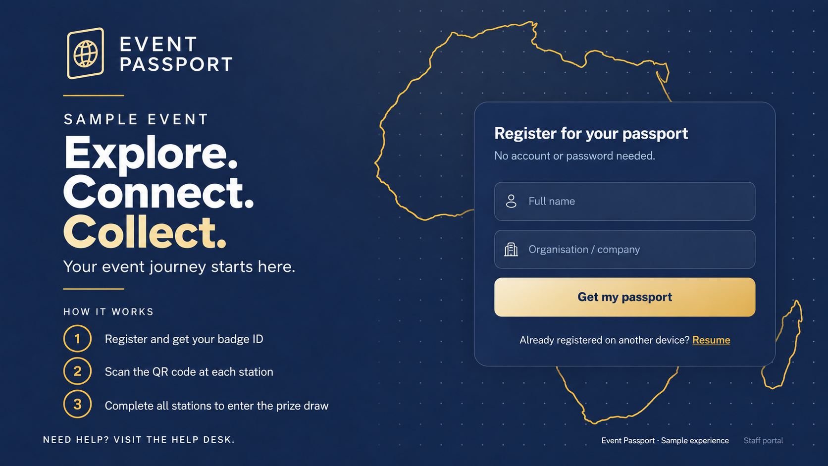 Event Passport sample guest registration with an Africa map, empty name and company fields, and QR station instructions